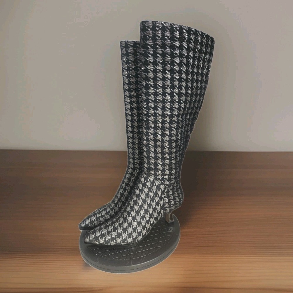 Betsey Johnson Womens 6 Pamella Boots Knee High Heel Black Silver Houndstooth - Picture 5 of 11